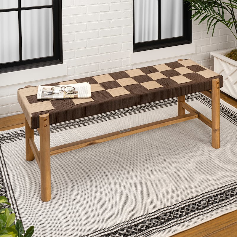 48" 2-Seat Outdoor Acacia Bench, Backless w/ Woven Rope Seat, 700-lb Support - Light Teak Brown