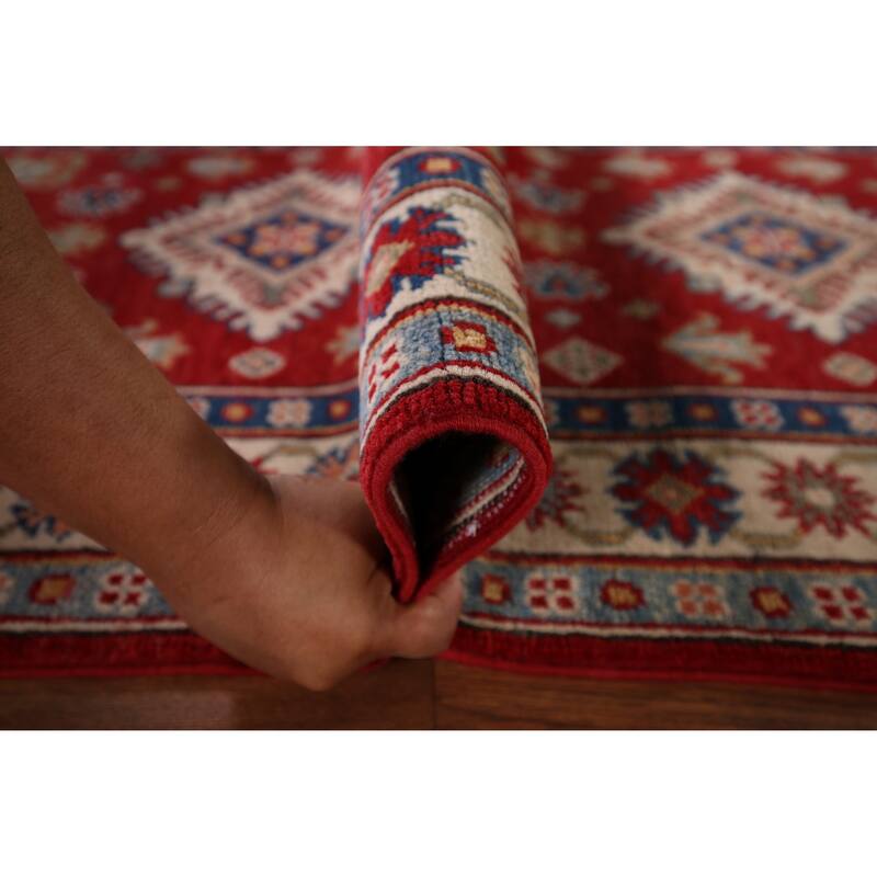 Red Geometric Kazak Runner Rug Hand-Knotted Wool Carpet - 2'7" x 9'8"