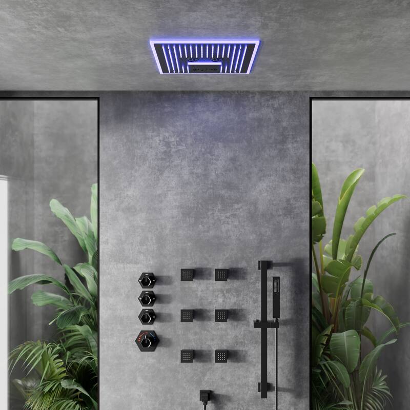 Shower Faucet System 16" Ceiling Mount Shower Head 3 Spray Modes Body Jets Handheld Spray with Slide Bar LED Music - Matte Black