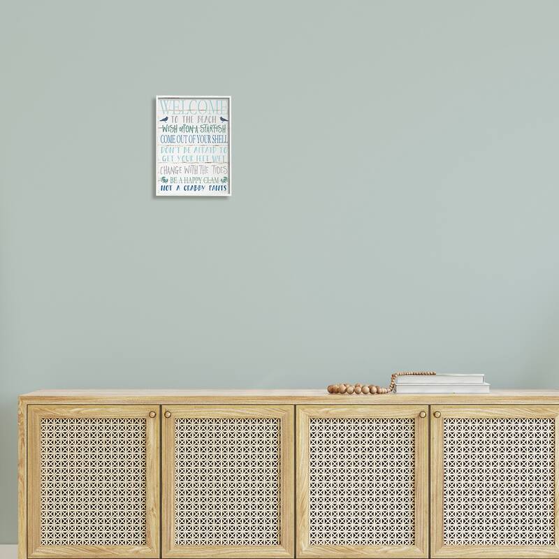 Stupell Welcome to the Beach Blue Aqua and White Planked Look Sign Framed Giclee Texturized Art by Jennifer Pugh