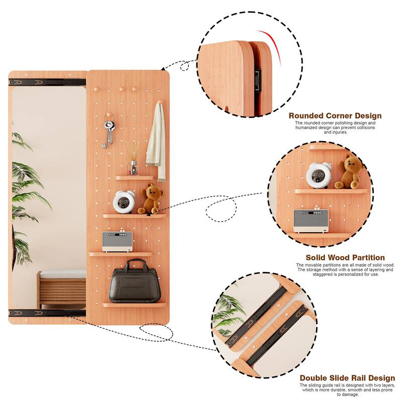 Anmytek Cherry Full Length Wall Mirror with Storage Shelf and Hooks Multifunctional Dressing Mirror for Entryway 48 Inch