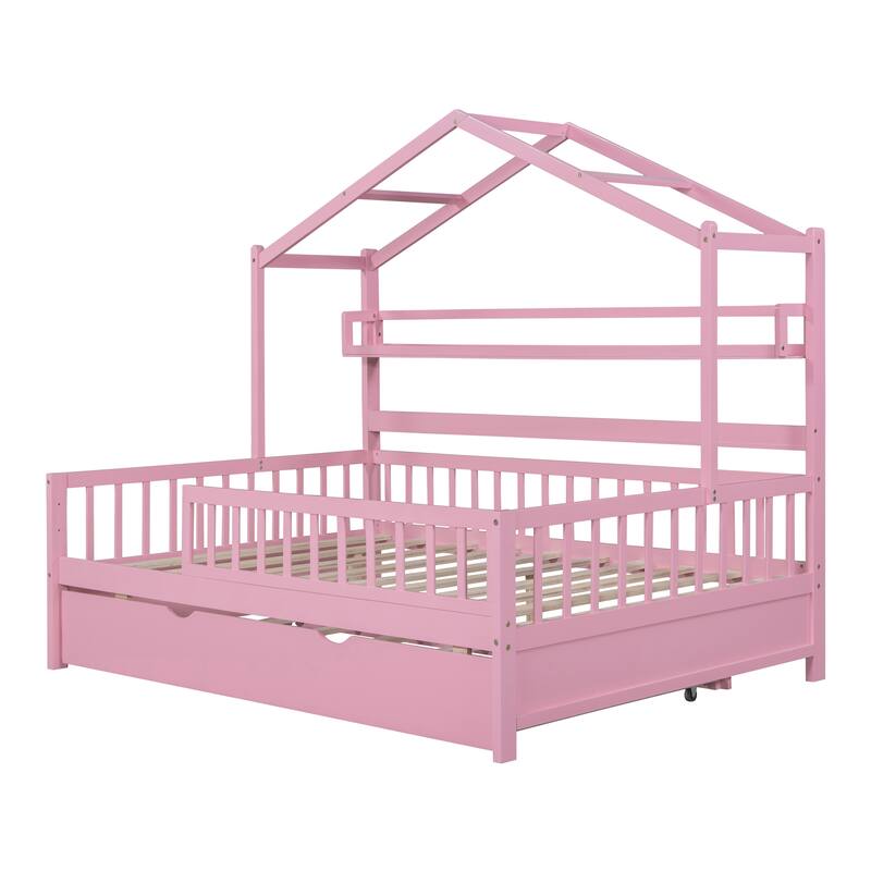 Cute Wooden Twin or Full House Bed with Trundle, Kids Bed Wood Platform Bed Frame with Safety Guardrail & Storage Shelf
