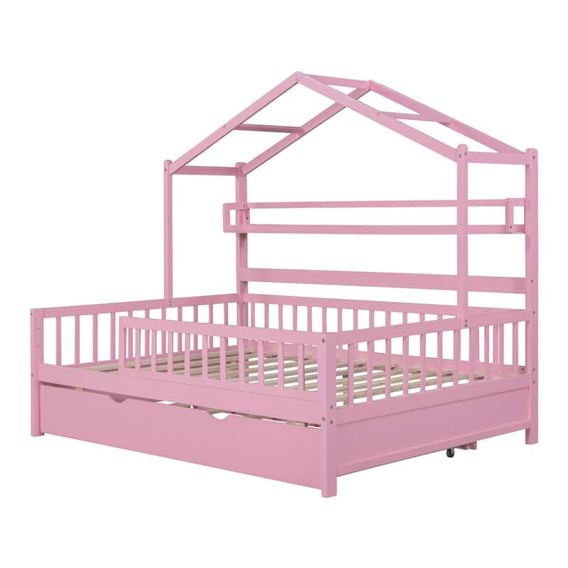Wooden House Bed with Trundle, Kids Bed with Shelf