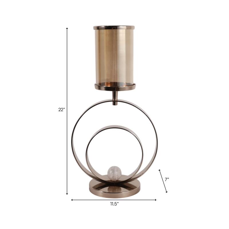 Metal Candle Hurricane Holder Modern Small Sphere Double Ring Base - 11.5" x 7" x 22"