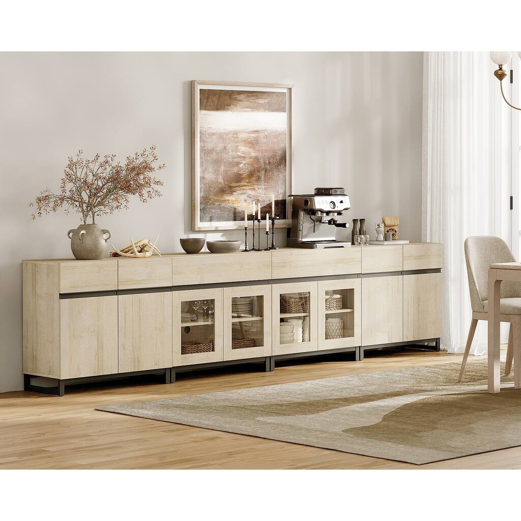 4 in 1 Sideboard Buffet Cabinets with 2 Drawers & Glass Doors, Modern Credenza with Adjustable Shelf and Metal Base