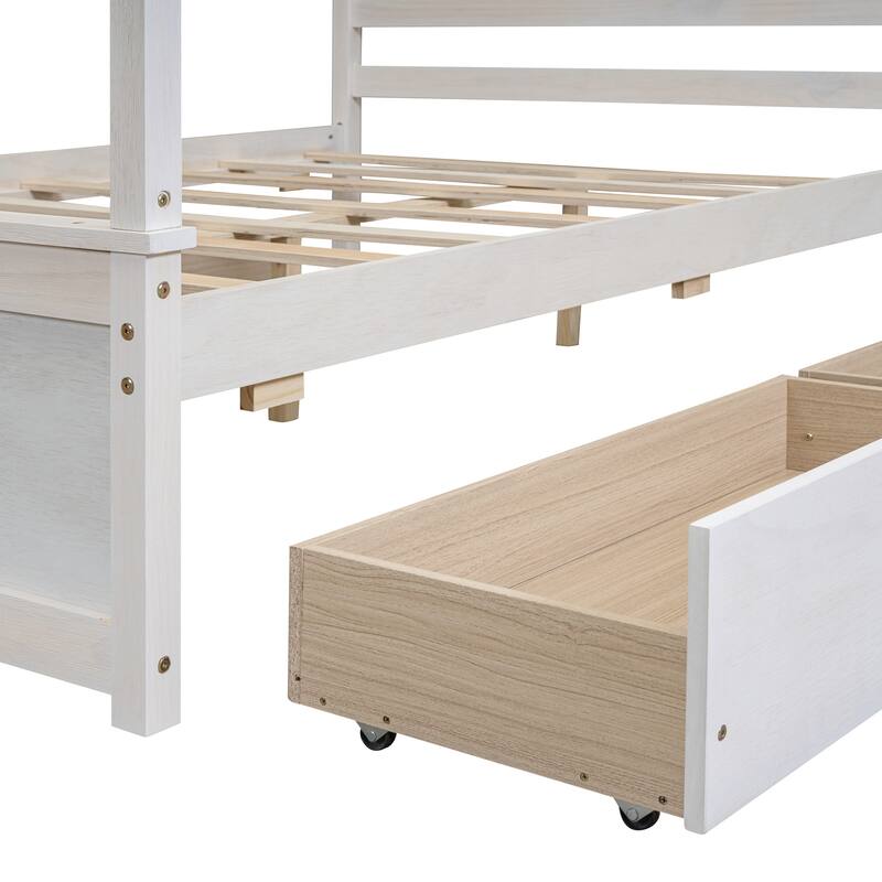 Full Size Wood Canopy Bed with 4 Drawers Platform Bed & Headboard Four Poster Bed No Box Spring Needed, Easy Assembly