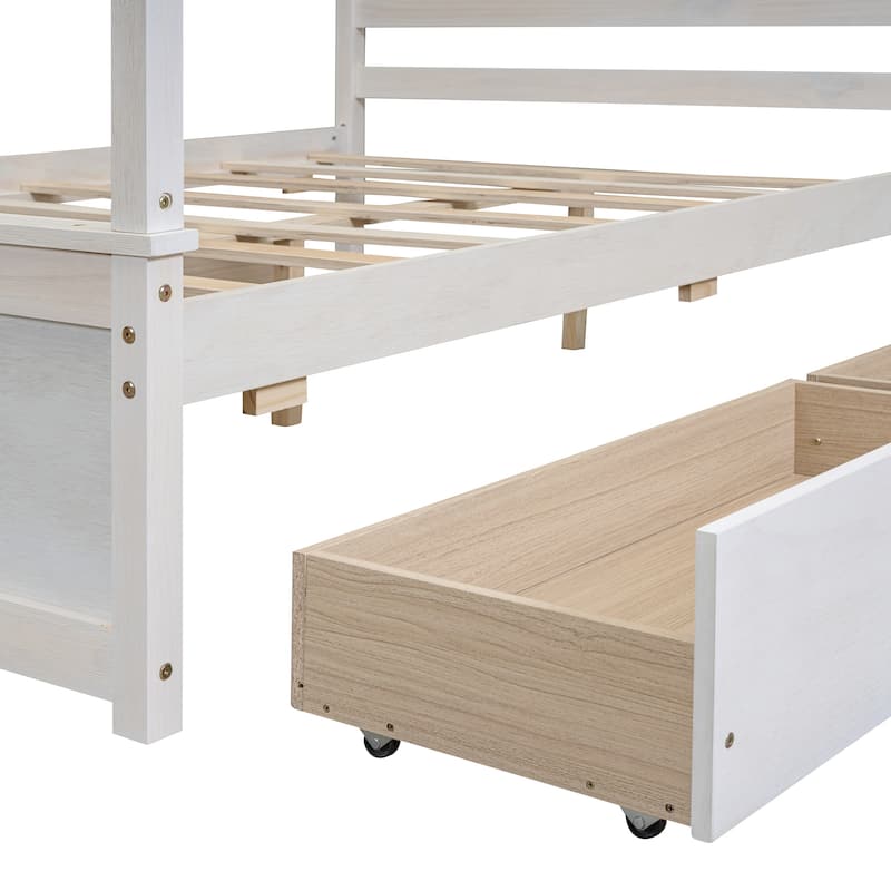 Full Size Wood Canopy Bed with Drawers, Brushed White Finish, No Box Spring Needed