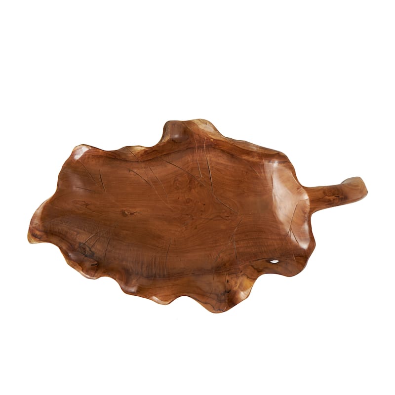Teak Wood Leaf Floating Sculpture with Black Stand and Base - Brown - Roche River Decor - 11"W x 21"L x 10"H