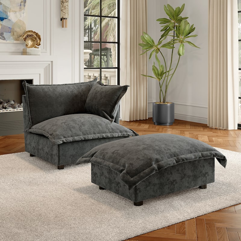 Modern Cloud Chaise Longue Accent Chair with Ottoman set - Dark Grey-right - Corner Chair+ottoman