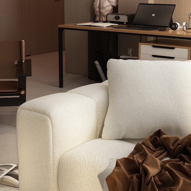 100.8"W Wooden Frame Teddy Velvet Sofa in White Couch 4 Person