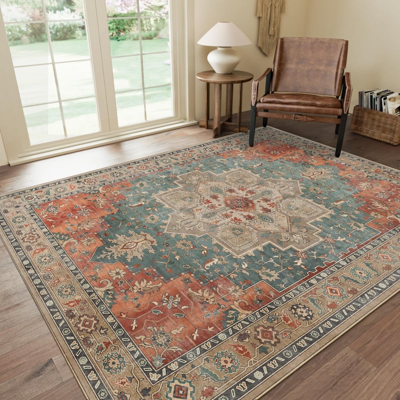 Mcow Neutral Floral Low Pile Machine Washable Non-Slip Area Rug