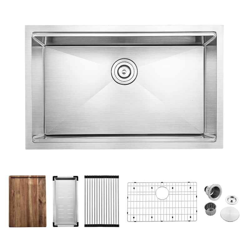 Undermount Handmade Workstation 304 Stainless Steel Kitchen Sink with grid cutting board colander drying rack and Strainer - 30"X19" - Without Faucet