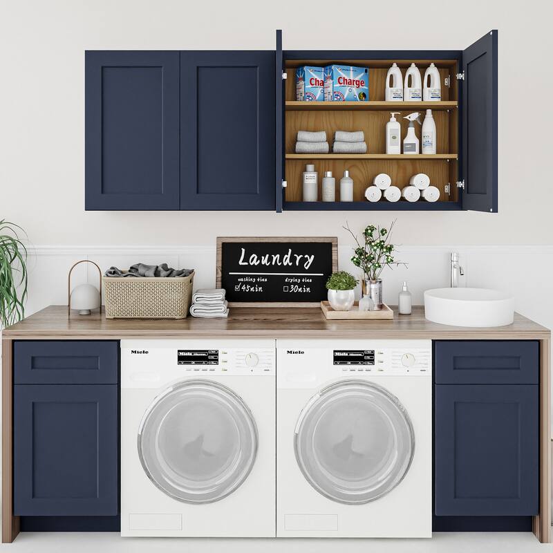 Navy Blue Shaker 36" Solid Wood Wall Cabinet, Soft Close Hinges, Adjustable Shelves, Double Door for Kitchen