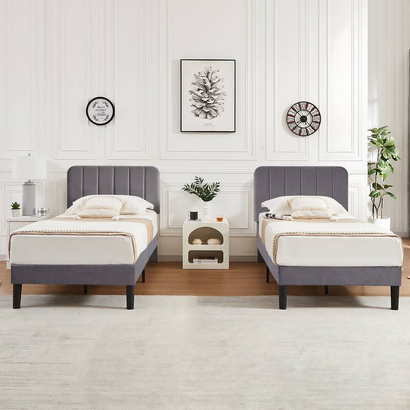 Kids Bed Frame, Height Adjustable Upholstered Bed, Twin Size Bed Set of 2 - Dark Grey - Set of 2