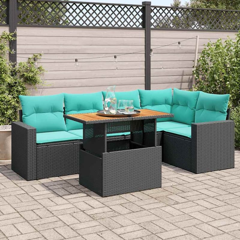 vidaXL 6 Piece Patio Sofa Set with Cushions Black Poly Rattan - 21.7 x 24.4 x 27.2