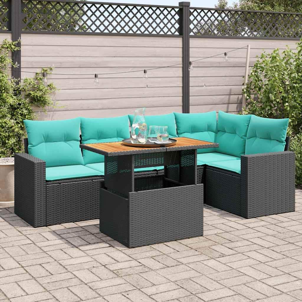 vidaXL 6 Piece Patio Sofa Set with Cushions Black Poly Rattan - 21.7 x 24.4 x 27.2