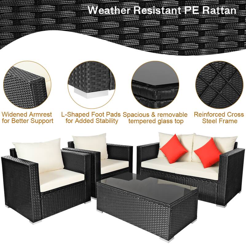 Gymax 4PCS Rattan Patio Conversation Set Outdoor Furniture Set w/