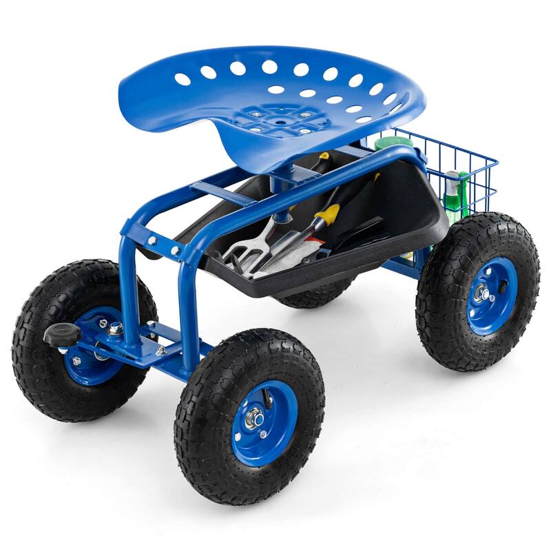 Gymax Cart Wagon Rolling Work Seat w/ Tool Tray Basket Planting Patio