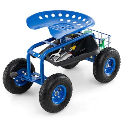 Gymax Cart Wagon Rolling Work Seat w/ Tool Tray Basket Planting Patio