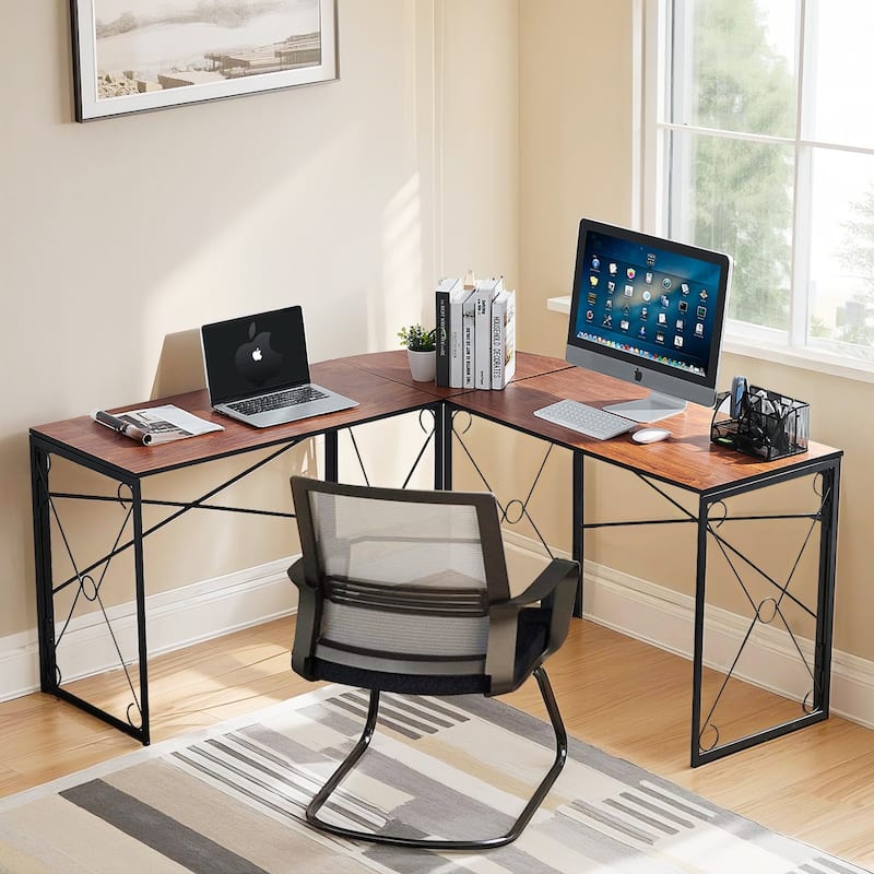 VECELO Convertible L-Shaped Desk Corner Computer Desk Detachable Fan Joint 0.6" Thick Brown Desktop for Multi-Monitor Setups