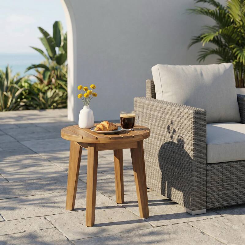 Outdoor 16" Acacia Wood Side Table, Teak Finish - 6.61