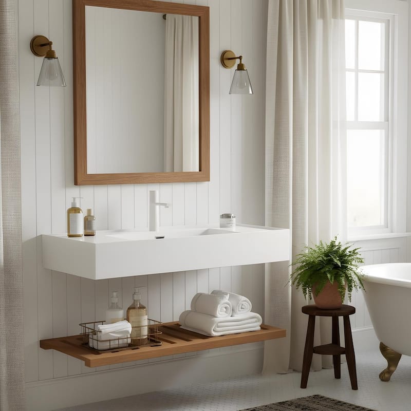 Bathroom Vanity with Vessel Sink and Striped Shelf Layer