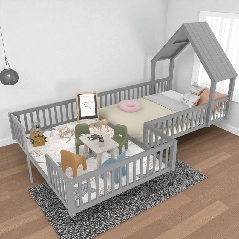Twin/Full Size House Floor Bed with Door and Guardrails, Double Twin/Full Solid Wood Montessori Bed for Kids