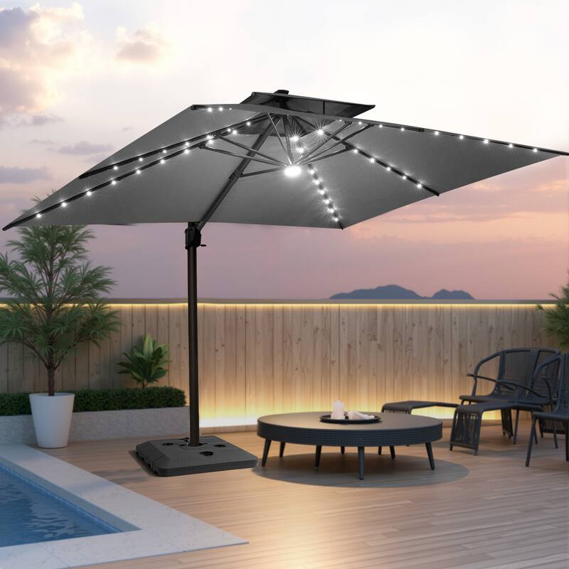 Pellebant 10x13 FT Outdoor Patio Double Top Cantilever Umbrella Solar LED Lighted with 4 Piece Square Offset Umbrella Base