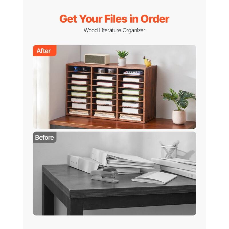 Dark Brown Wood 24-Slot Organizer File Sorter with Labels and Shelves