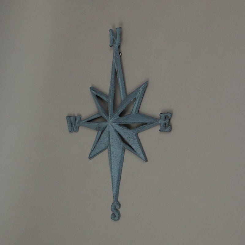 Zeckos Blue-Grey Cast Iron Compass Rose Wall Hanging Sculpture