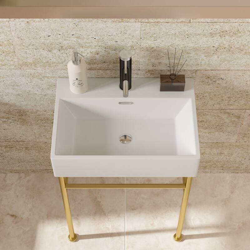 24" White Console Sink with 304 Stainless Steel Support Legs, Porcelain Bathroom Sink with Overflow Drain, Easy Installation