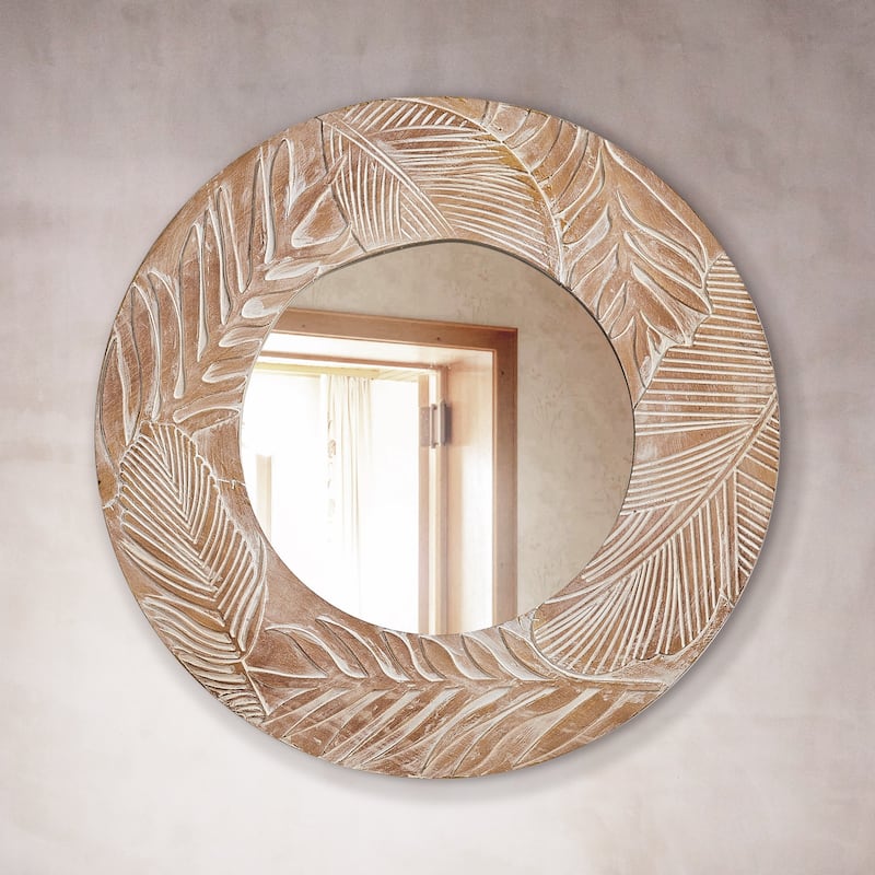 Farmhouse Carved Wood Round Wall Mirror - 28" x 28"