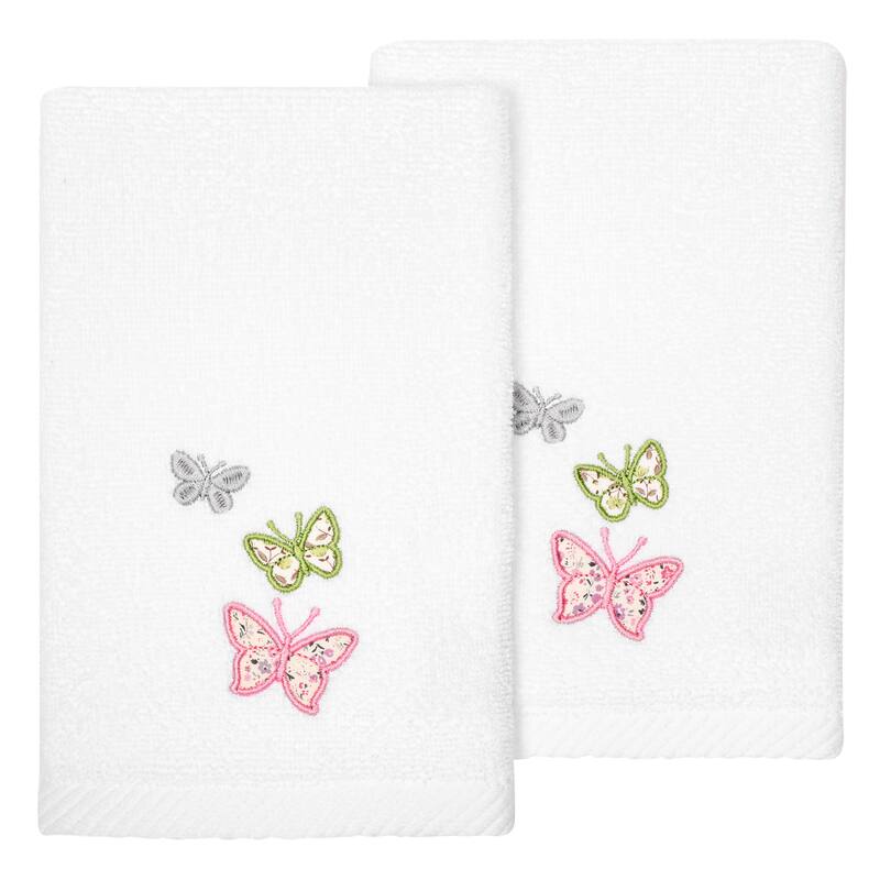 Authentic Hotel and Spa 100% Turkish Cotton Mariposa 2PC Embellished Fingertip Towel Set - White