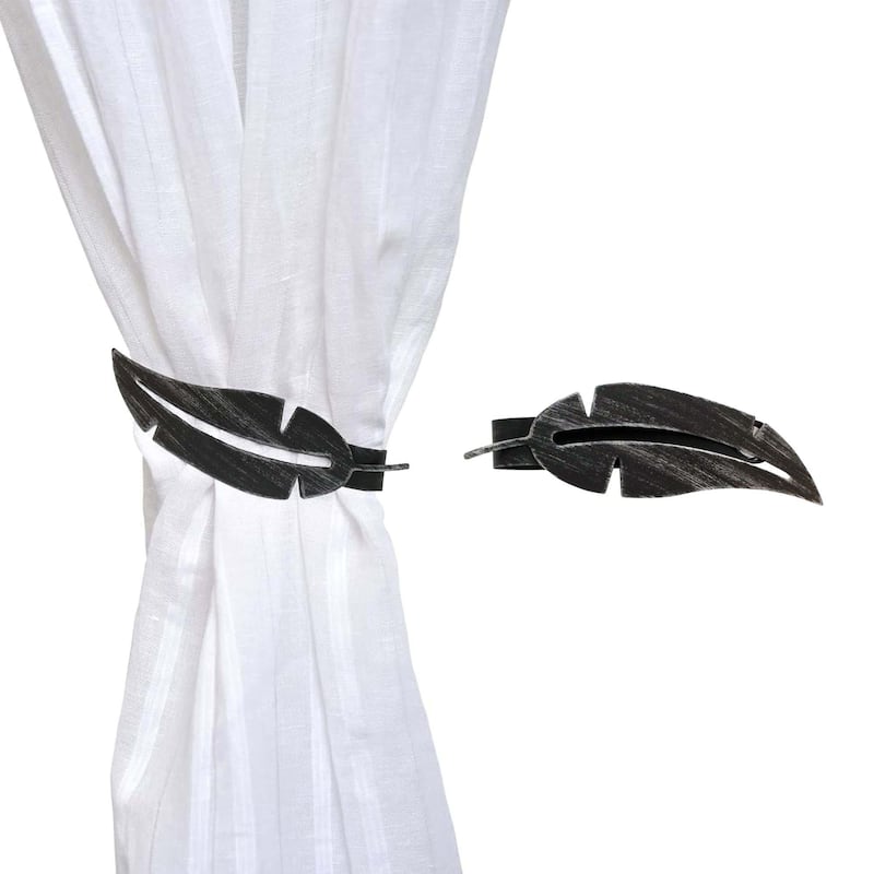 Metal Feather Tieback With Magnet Plume Black - 6.8"L x 2"W x 1"D