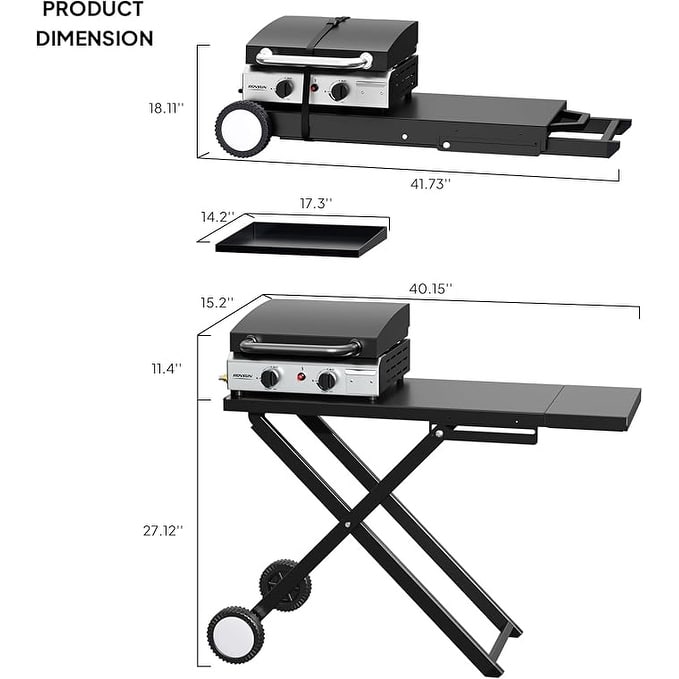 2 Burner Foldable Propane Griddle Rolling Flat Top Gas Grill with Wheels and Lid for Outdoor Cooking - N/A