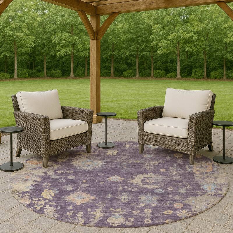Machine Washable Indoor/ Outdoor Vintage Traditional Chantille Rug - Plum - 8' x 8'