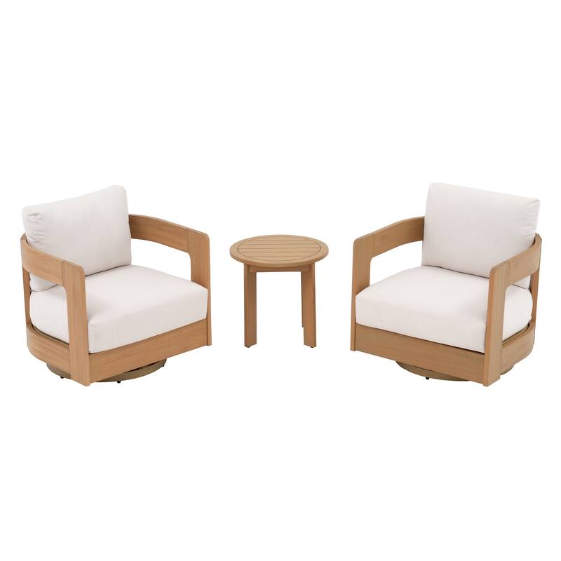 Outdoor 3-Piece Swivel Chair Conversation Set and Coffee Table in Eucalyptus Wood