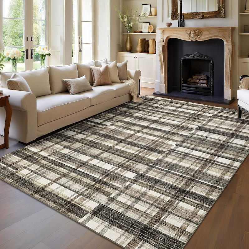 Area Rugs for Living Room Bedroom Modern Geometric Rug Low Pile Non Slip Farmhouse Plaid Carpet - Beige Brown - 5'x7'
