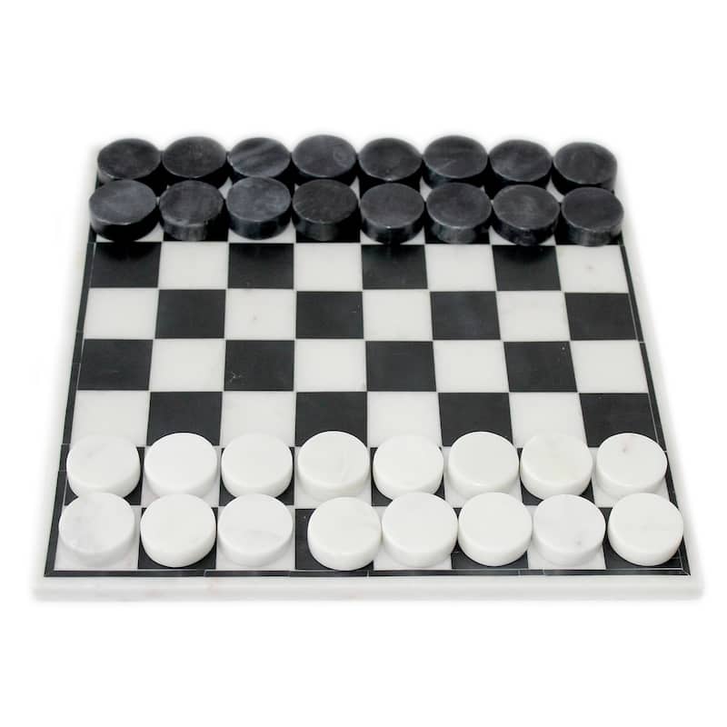 Black Inlaid White Marble Checkers Set - White / Black