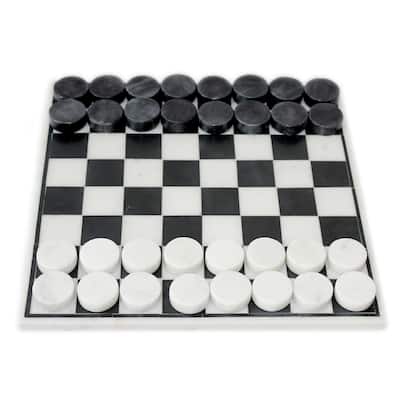 Black Inlaid White Marble Checkers Set - White / Black