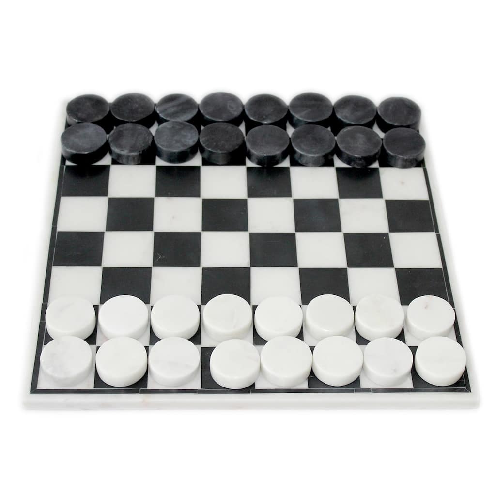Black Inlaid White Marble Checkers Set - White / Black