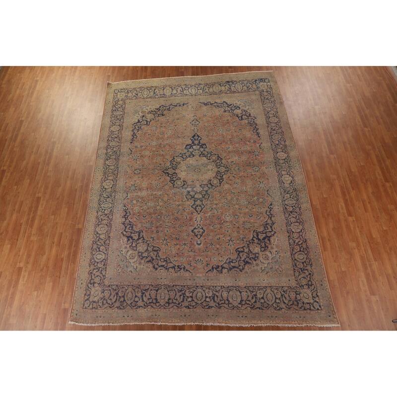 Distressed Kashan Persian Antique Area Rug Handmade Wool Carpet - 9'9" x 13'3"