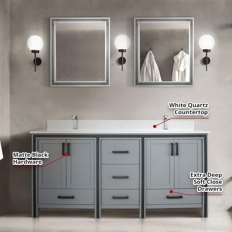Ziva 72 in W x 22 in D White Double Bath Vanity, White Quartz Top, Faucet Set and 30 in Mirrors