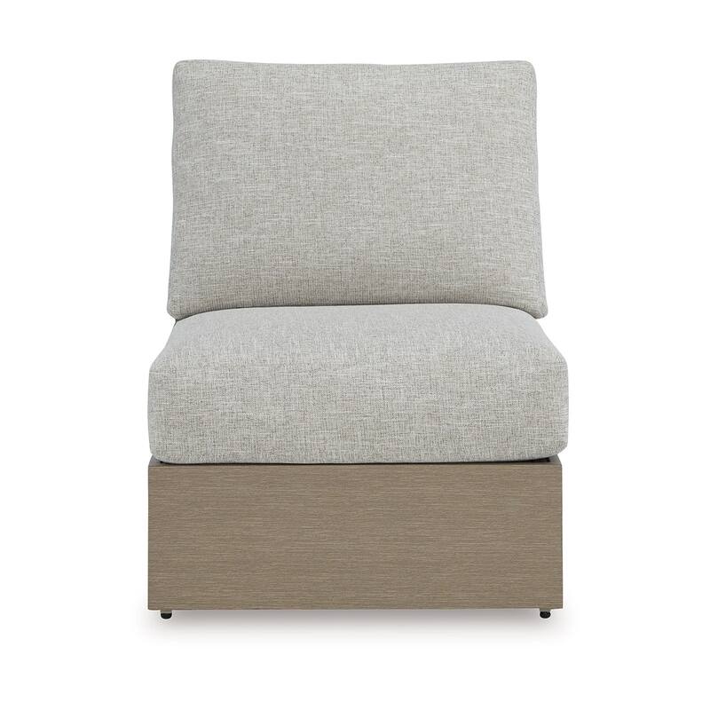 Isle Outdoor Armless Chair, Gray Cushion, Woodlike Brown Metal Frame