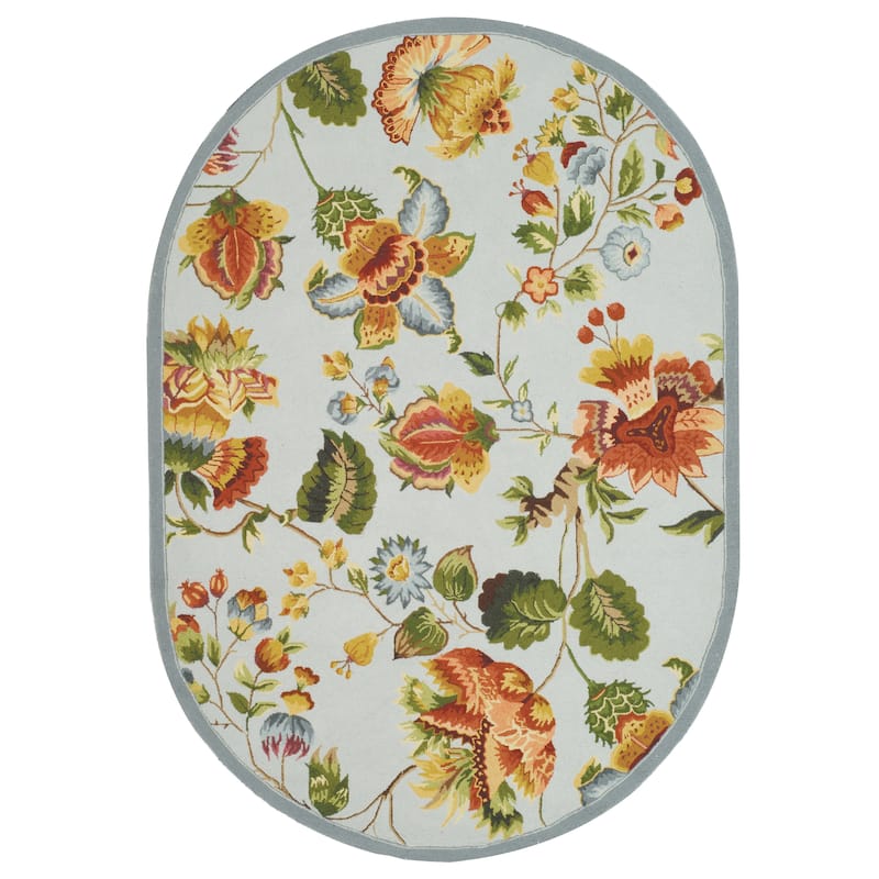 SAFAVIEH, Handmade Chelsea Jurendine French Country Floral Wool Rug - 4'6" x 6'6" Oval - Light Blue