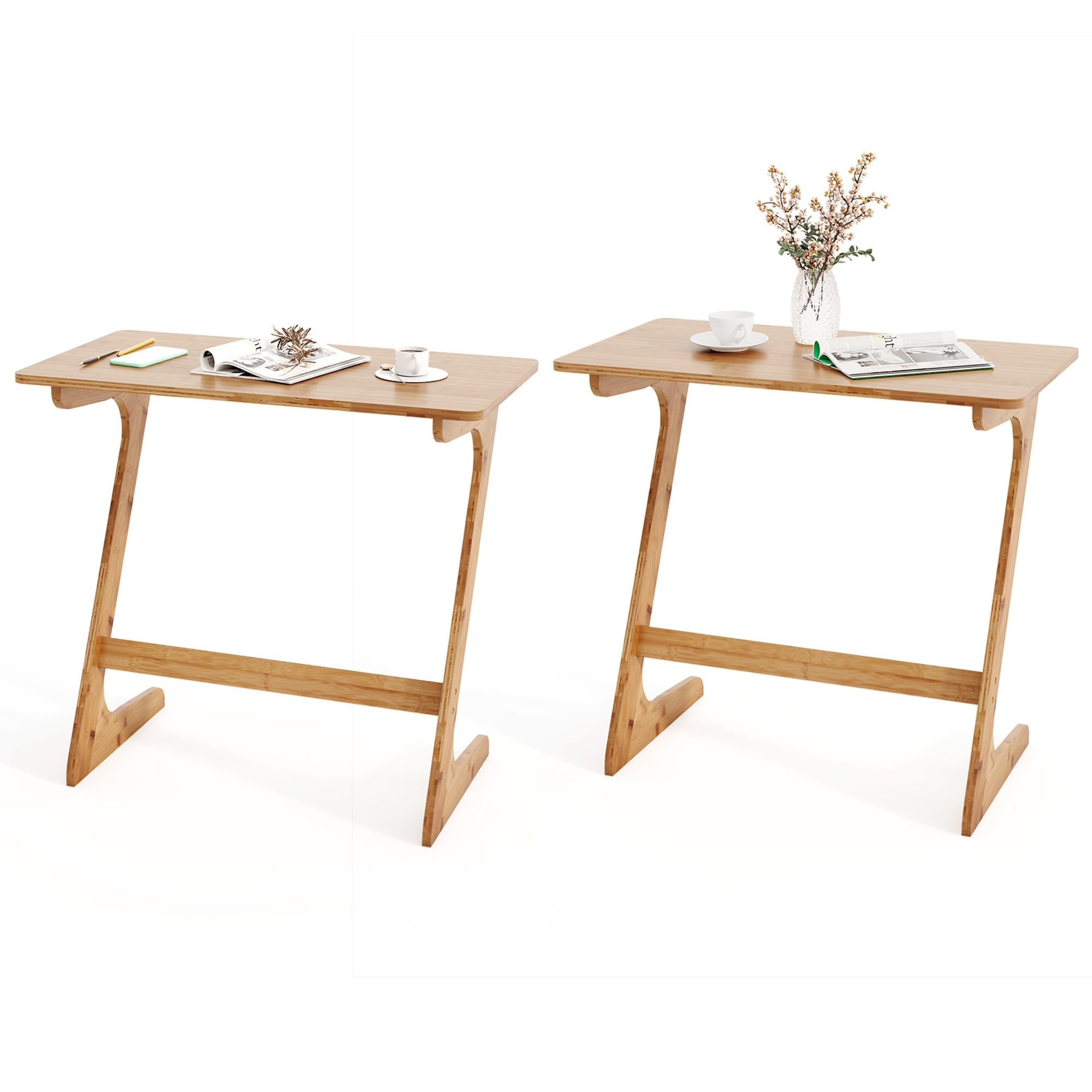 Costway 2 PCS Bamboo Sofa Side Table Z-Shaped Spacious Tabletop - See Details