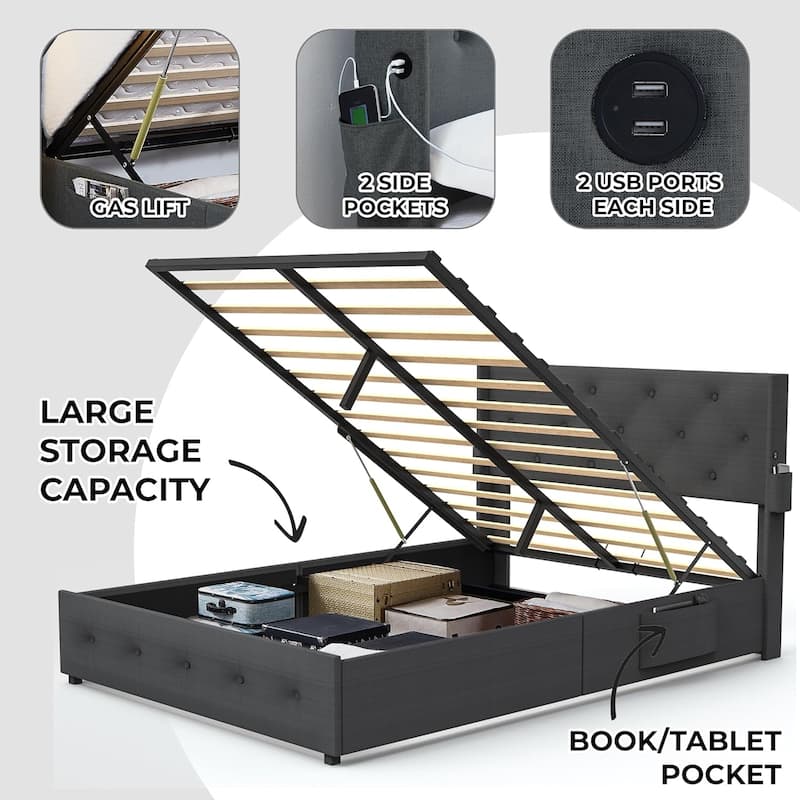 Full Size Bed Frame with Gas Lift Storage Bed and USB Ports