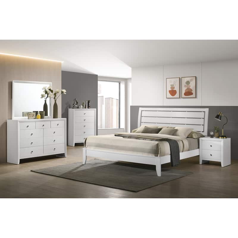 King Size Wooden Panel Bed with Geometric Design Headboard and Low Profile Footboard
