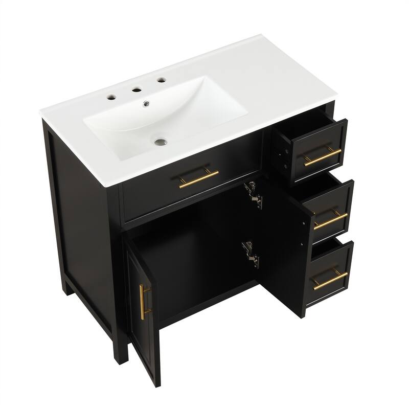 Roomfitters 36" Bathroom Vanity with Sink, Left-Side Basin, Solid Wood Frame, 2 Doors & 3 Drawers