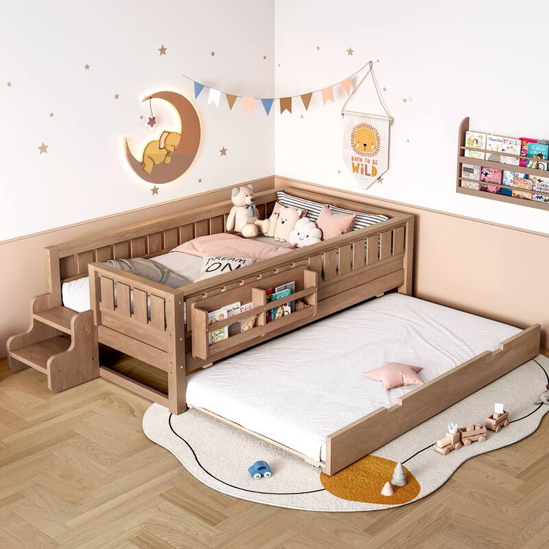 Full/Twin Loft Bed with Bookshelves, Safety Stairs & Trundle - Natural - Twin